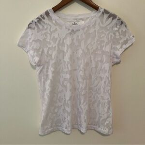 Oleg Cassini Women’s Sheer White T-shirt Monochrome Leopard Petite M Cap Sleeve